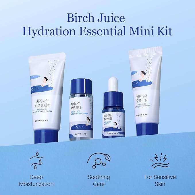 ROUND LAB Birch Juice Moisturizing Mini Kit, 4-Step Travel Size Skincare Set (Cleanser, Toner, Serum, Cream), Daily Skin Care Routine Trial Kit for Acne-Prone and Sensitive Skin, Korean Skin Care