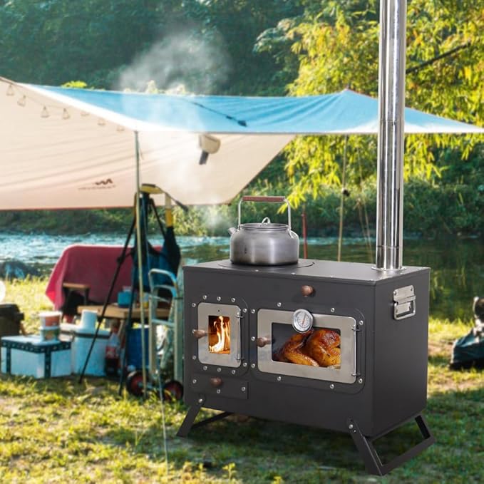 Large Outdoor Camping Stove with Oven Portable Tent Stove With Chimney Pipe Black Camping Stove Keep Warm Stove Foldable Camping Outdoor Cooking BBQ Stove