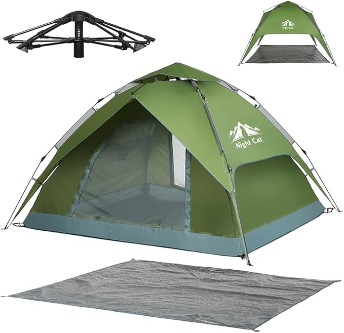 Night Cat Instant Popup Tents 2-3 Persons with Footprint Tarp Easy Setup Camping Tent with Rainfly Double Layers Waterproof Automatic Hydraulic Mechaism