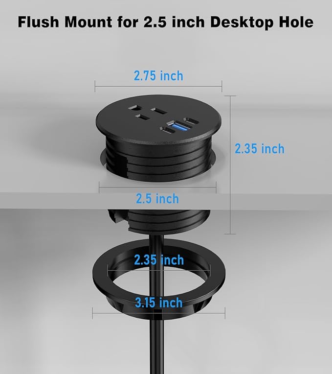 Desk Grommet Power Outlet, 2.5 inch Desktop Recessed Outlet with 20W Fast Charging USB-C Port, Flush Mount Outlet for Conference Rooms, Office Tables, Furniture (Black, 6FT)
