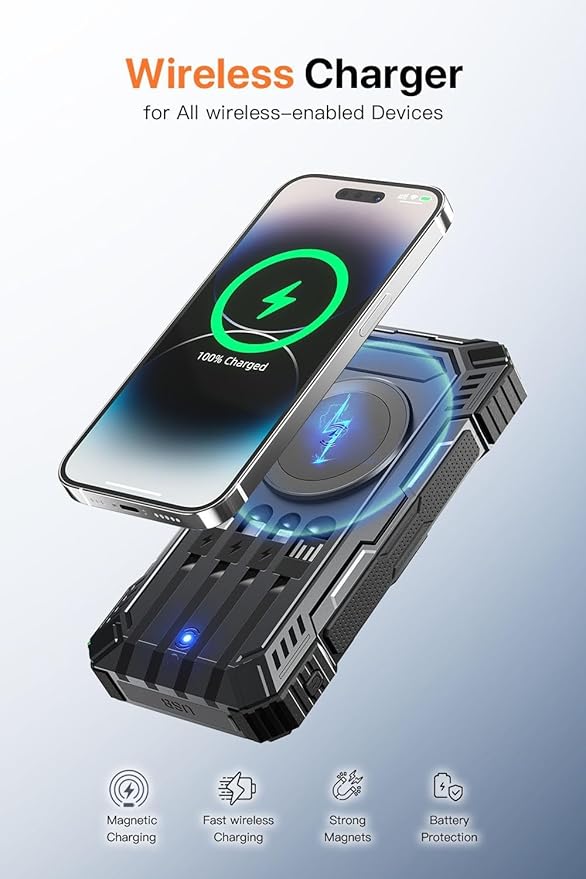 Power Bank 49800mAh Solar Portable Charger Wireless Charging USB-C 15W Fast Charging with 4 Built-in Cables LED Flashlight Battery Pack Compatible with iPhone, iPad, Galaxy, Perfect for Camping