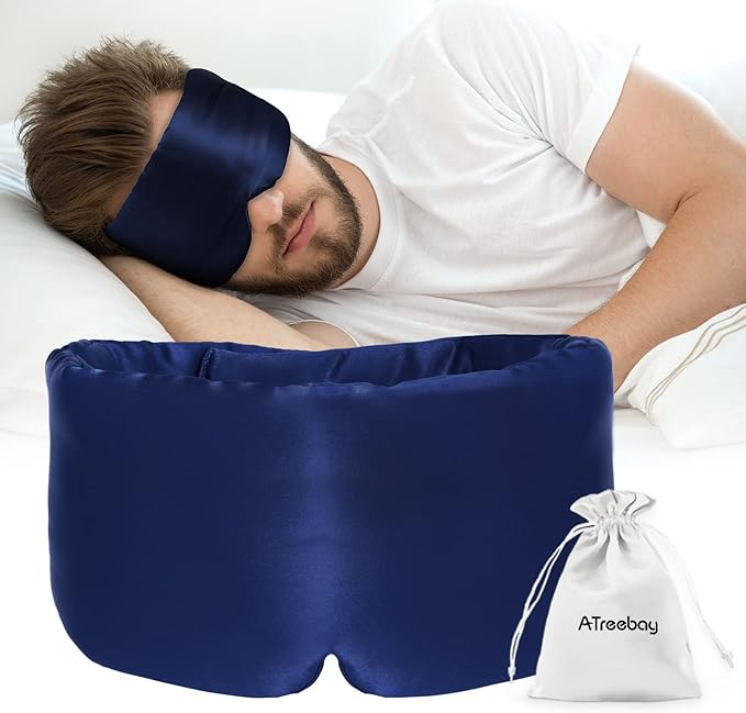 Silk Sleep Mask for Women Men Satin, ATreebag Eye Sleeping Mask & Blindfold with Adjustable Velcro Strap, Large Size, 1 PC Navy Blue