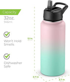 SipX™ Triple-Insulated Stainless Steel Water Bottle 32oz. With 3 Lids, BPA-Free Reusable Insulated Water Bottle Keeps Cold 24 Hours, (Gradiant Mint Pink)