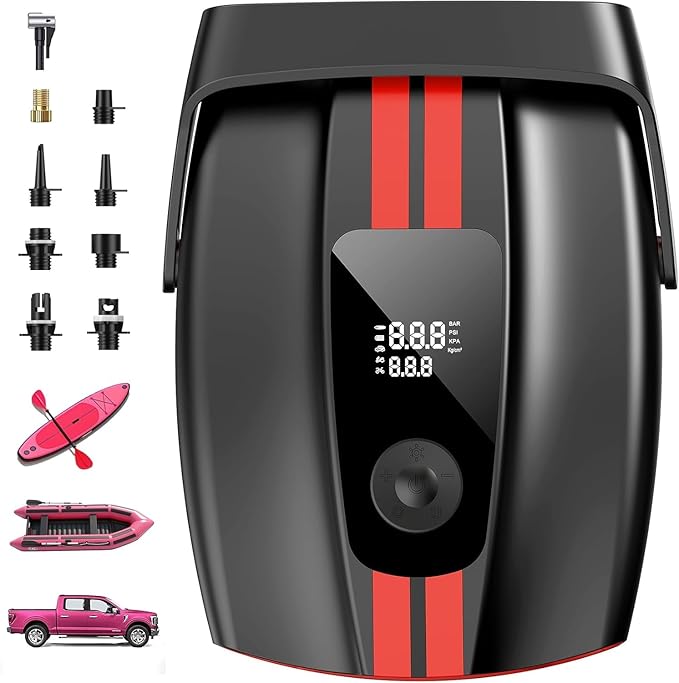 ZFOX 50PSI Paddle Board Pump, Portable Electric SUP Pump with Auto-Shutoff & Cooling Fan – Smart Inflation for Paddle Board, 9 Nozzles, HD LCD Display, 12V DC (Red-M)