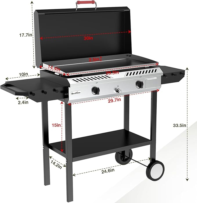Bestfire 2 Burner Outdoor Propane Gas Stove with Auto Ignition & Regulator, 150,000 BTU High-Pressure Stand Cooker with Flat Top Grill Griddle & Shelf, Portable Cast Iron Burner for Canning & Frying