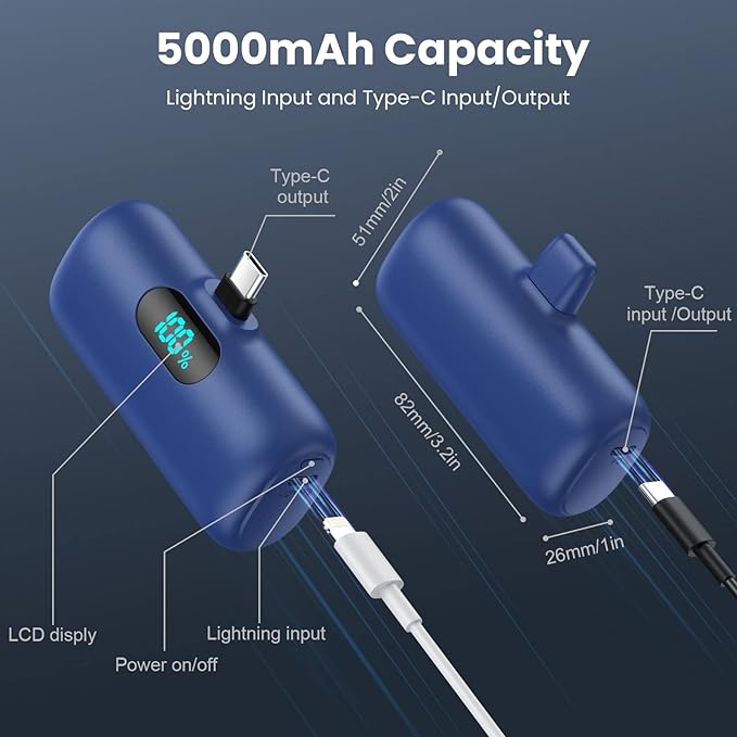 Mini Portable Charger 5000mAh Power Bank,15W PD USB C Cell Phone Portable Power, LCD Display Battery Pack Compatible With iPhone 15/15 Plus/15 Pro/15 Pro Max/Android/Samsung/Moto/LG (Type-C Only)