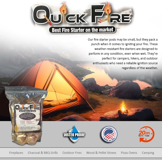 Quick Fire Starter Pods in Resealable Packs - Fire Starters for Campfires, BBQ, Grill Pit, Wood Stove & Charcoal Starter, 20 Min Burn Time,30 Extra Large Pods, USA Made, Brown