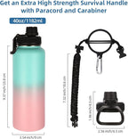 Volhoply 40 oz Insulated Water Bottles Paracord Handle, Stainless Steel Bottle with Spout Lid, Double Walled Travel Water Cups with Wide Mouth, Reusable Water jug for Adults (Green Pink, 1 Set)
