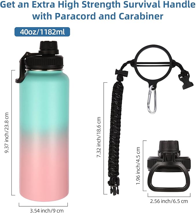 Volhoply 40 oz Insulated Water Bottles Paracord Handle, Stainless Steel Bottle with Spout Lid, Double Walled Travel Water Cups with Wide Mouth, Reusable Water jug for Adults (Green Pink, 1 Set)