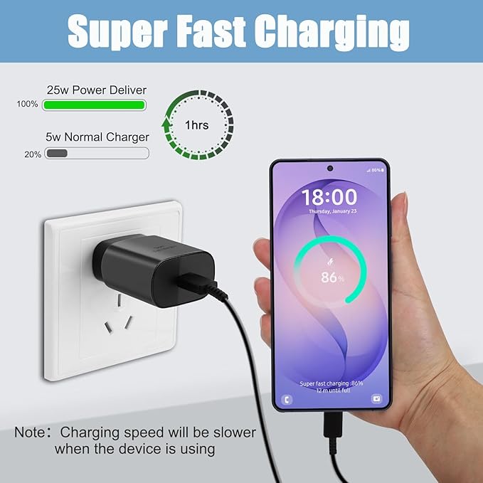 Super Fast Charger USB C Charger,25W USB C Wall Charger Block &8FT Type C Cable for Samsung Galaxy S26/S25/S24/S24 Ultra/S24+/S23/S23Ultra/S23+/S22/S22+/S22Ultra/S21/S21+/S20/S20+/S10/Note 20/Note 10