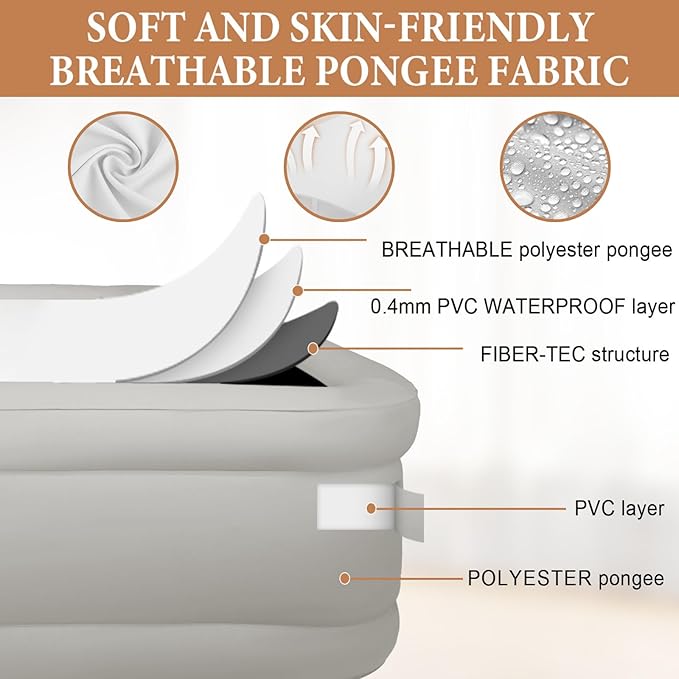 Twin Air Mattress with Built-in USB-C Pump (2500mAh) - 18" Self-Inflating Camping Mattress, Fiber-Tech Support for Indoor & Outdoor Use, Portable Blow Up Bed - White