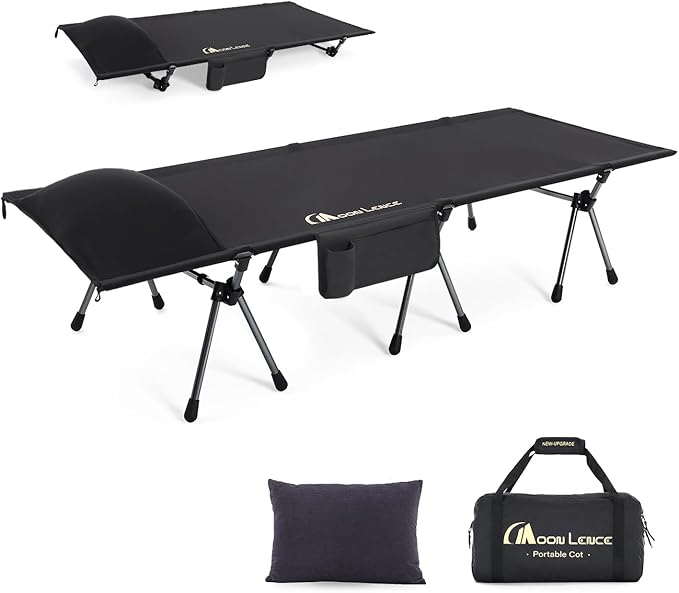 MOON LENCE Height Adjustable Camping Cot - Supports 330 lbs, Portable Folding Bed with Leg Extenders & Camping Pillow for Camping, Hiking, Sleeping, 1 Pack, Black
