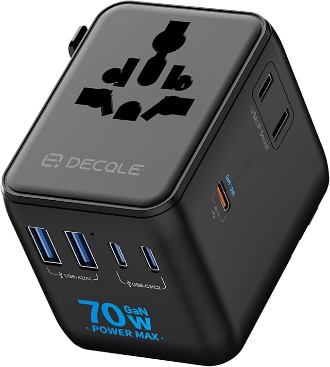 Universal Travel Adapter, International Travel Plug Adapter with 3 USB-C ＆ 2 USB-A Ports 70W, All in One Portable Socket, for USA, UK, EU, AU ＆ 224+ Countries (Black)