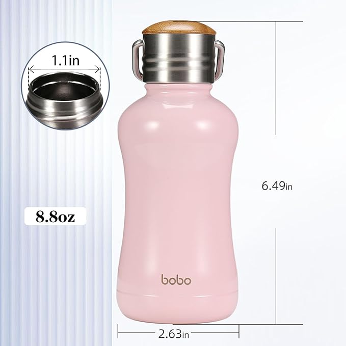 YOHKOH Mini Insulated Water Bottle With Bamboo Lid - 8.8oz Small Vacuum Insulated Water Bottle for Women Kids, 12 Hrs Hot & 24 Hrs Cold Stainless Steel Thermos Leak-Proof BPA-Free (8.8oz,Pink)