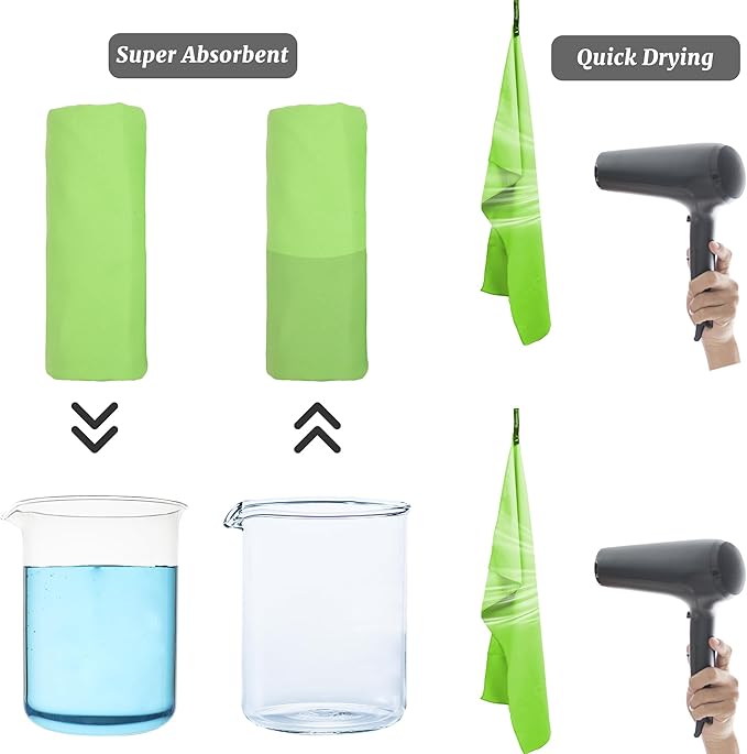 Rainleaf 2 Pack Microfiber Quick Dry Travel Towel, Super Absorbent Ultra Compact Lightweight Camping Towel for Gym, Hiking, Pool, Yoga - Green