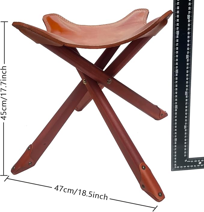 Leather Stool 4-Legs, Portable Beech Wood Artist Folding Stool, Italian Top Vegetable Tanned Leather Seat, Home Fashion Genuine Leathers Director’s Stool for Home Outdoor Camping Fishing