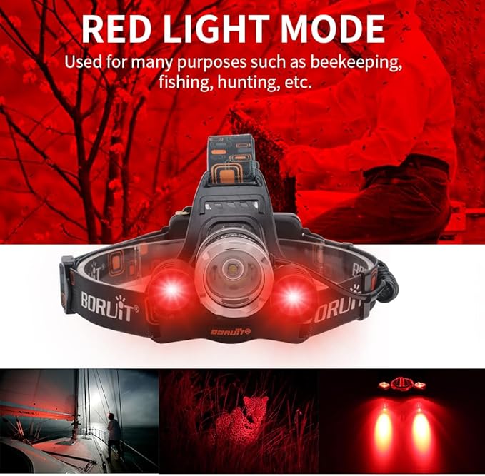 BORUIT RJ-3000 Rechargeabe LED Headlamp Super Bright with Red Light, 3 Modes Super Bright USB Head Lamp IPX4 Waterproof Headlight for Adults USB Outdoor Fishing Camping