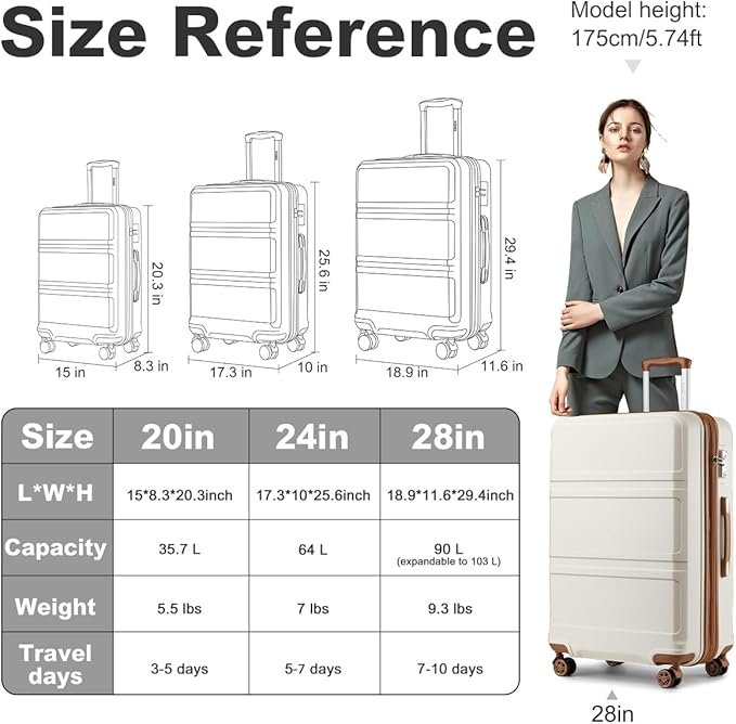 Kono 28 Inch Luggage Expandable Suitcase Lightweight with Spinner Wheels TSA Lock Hardside Large Checked Luggage Durable Rolling Suitcase Cream White