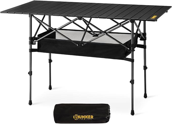 BUNKER INDUST Folding Camping Table, Outdoor Portable Roll-Top Aluminum Table with Carry Bag for Picnic,Beach,BBQ,Backyards, Adjustable Height