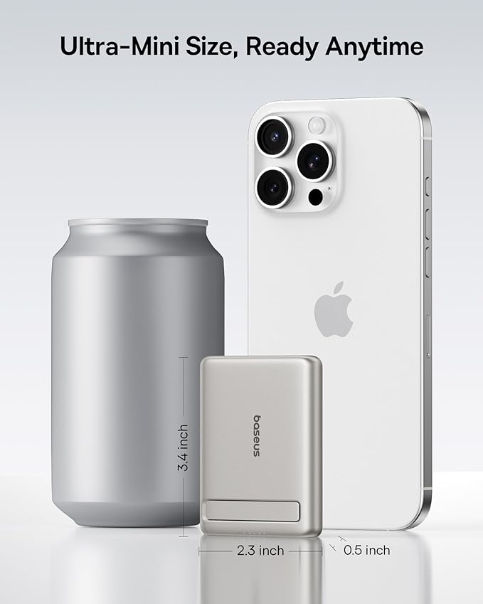 Baseus Picogo Power Bank, Smallest Qi2 Certified 15W MagSafe Portable Charger, 0.5" Ultra Slim 5000mAh Magnetic Battery Pack with Stand, Alloy Wireless Charger for iPhone 17 Pro Max/17 Air/16 Series