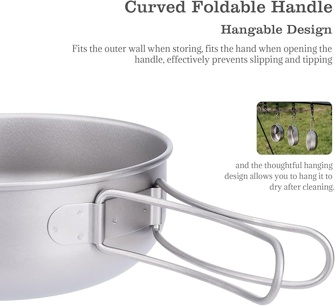 iBasingo 3-Piece Set Titanium Pot Set Camping Cooking Pan with Folding-Handle Outdoor Camp Cookware Pot Sets