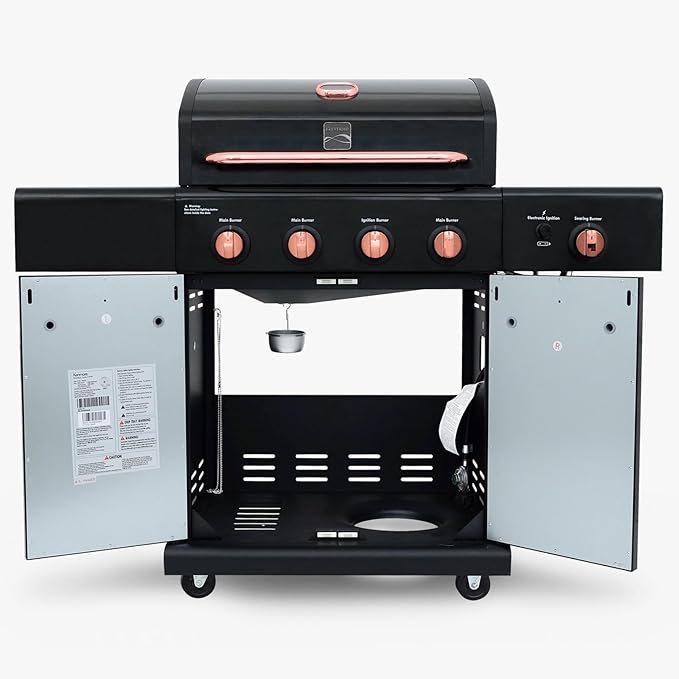 Kenmore 4-Burner BBQ Gas Grill with Searing Side Burner, Propane Grill, 52,000 BTUs, Warming Rack, Electronic Ignition & Cast Iron Cooking Grates, Black/Copper + Bonus Cover