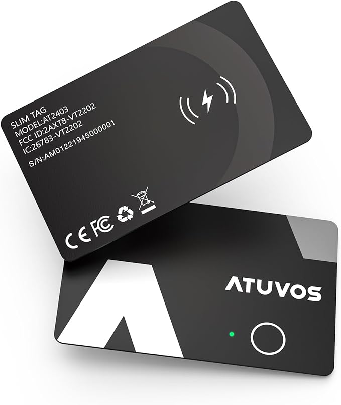 [Apple MFi Certified] ATUVOS Rechargeable Wallet Card, Ultra-Thin 1.6mm Blueooth Air Tag Tracker Works with Apple Find My (iOS Only), Item Locator for Passport, Luggage, IP67 Waterproof, 2 Pack