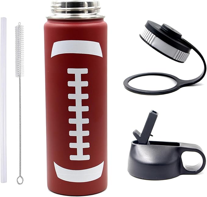 22 oz Football Water Bottle, Sports Cup Flask Metal Thermo Travel Mug with 2 Lids, Stainless Steel Double Wall Vacuum Leakproof Insulated Water Bottles, Football Accessories Stuff Gifts for Boys Girls