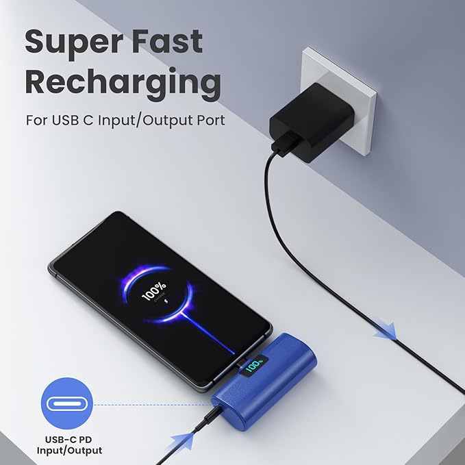 Mini Portable Charger USB C Power Bank,Upgraded 5500mAh PD Fast Charging Battery Pack Built-in USB-C Connector Travel Essential for iPhone17/17Pro/17Pro Max/Air/16 Plus/16Pro Max/15 Series (Deep Blue)