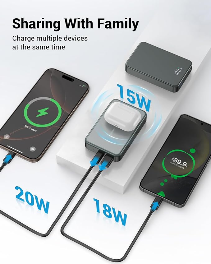 Magnetic Power Bank 26800mAh for Magsafe Portable Charger, Aluminum Alloy Large Capacity 20W USB-C in&Out Wireless Fast Charging Battery Pack for iPhone 17/16 Pro Max/15/14/13/12 Series, Silvery Gray