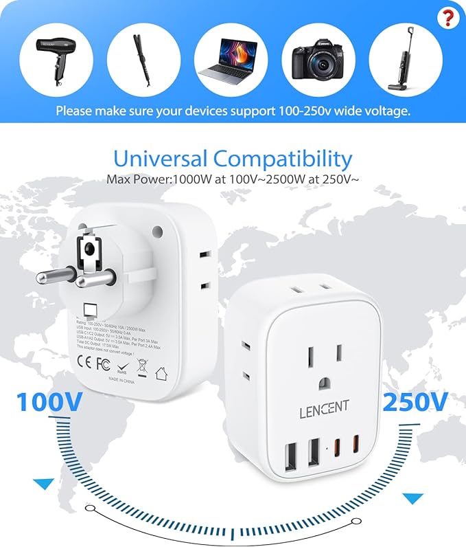 LENCENT 3 Pack Germany France Travel Power Adapter, Schuko Type E/F Power Plug Adaptor with 4 USB Ports(2 Type C), 4 Outlet Converter, US to EU Spain French German Greece Norway Iceland South Korea
