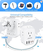 LENCENT Germany France Travel Power Adapter, Schuko Type E F Power Plug Adaptor with 4 USB Ports(2 Type C), 4 Outlet Converter, US to EU Spain France German Greece Norway Iceland South Korea Portugal