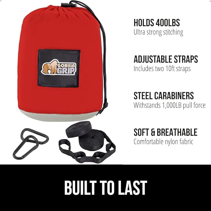 GORILLA GRIP Durable Portable Camping Hammock, Holds 400lbs with Heavy Duty Tree Straps, Comfortable Travel Swing, Camp Hammocks, Easy to Use and Install, Outdoor Essentials, Red, 9x4.5 FT