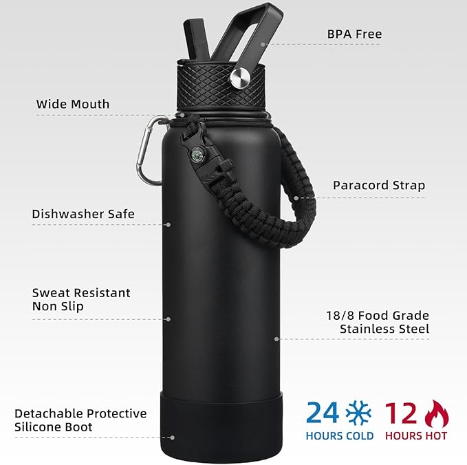 BJPKPK Insulated Water Bottle with Straw Lid, 40oz Large Thermo with 3 Lids, Paracord Handle & Non-slip Boot, BPA Free Leak Proof Stainless Steel Metal Water Bottles, Tumblers, Cups,Black