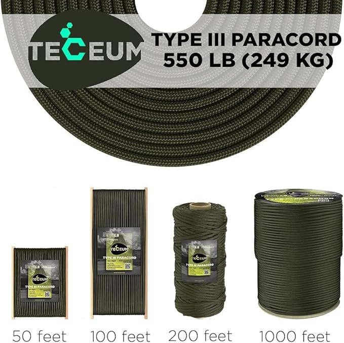 TECEUM 5/32" Paracord Rope 1000 – 1000ft / 200ft / 100ft / 50ft – Tactical Parachute Cord 4mm – 45+ Colors – Nylon String for Survival & Camping Gear – Stripe Cord for Survival – Utility Rope