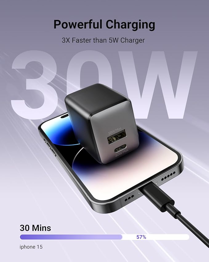 wegear USB C Fast Charging Charger, 30W Dual-Port GaN Nano Charger with Foldable Plug for iPhone 16/15 Series, iPad, Galaxy S24 Ultra and More Series, (Black, 2 Pack)
