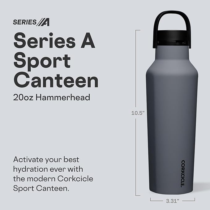 Corkcicle Sport Canteen - Keeps Drinks Cold 25 Hours - Stainless Steel Water Bottle - Triple-Insulated - Spill-Proof - Summer Drinkware Gift - Keeps Drinks Ice Cold - 20 oz - Hammerhead
