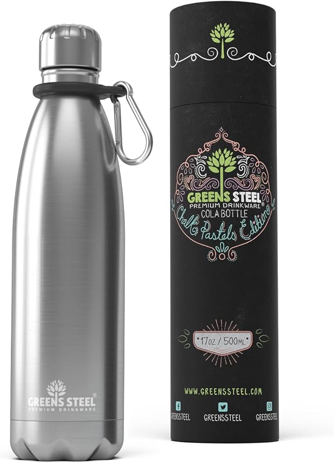 Greens Steel Stainless Steel Water Bottle - 17 oz, Steel | Vacuum Insulated Double Wall with Screw Lid/Leak Proof | Thermal Travel Sports Canteen Coffee Flask