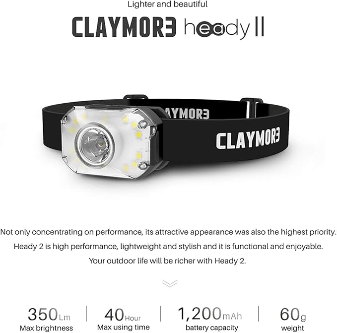 Claymore HEADY2 Black Rechargeable Wearable Light – 350 Lumens Headlamp 3 Light Modes USB-C Rechargeable IP54 Water-Resistant Up to 40 Hrs Runtime for Camping, Running, Outdoor