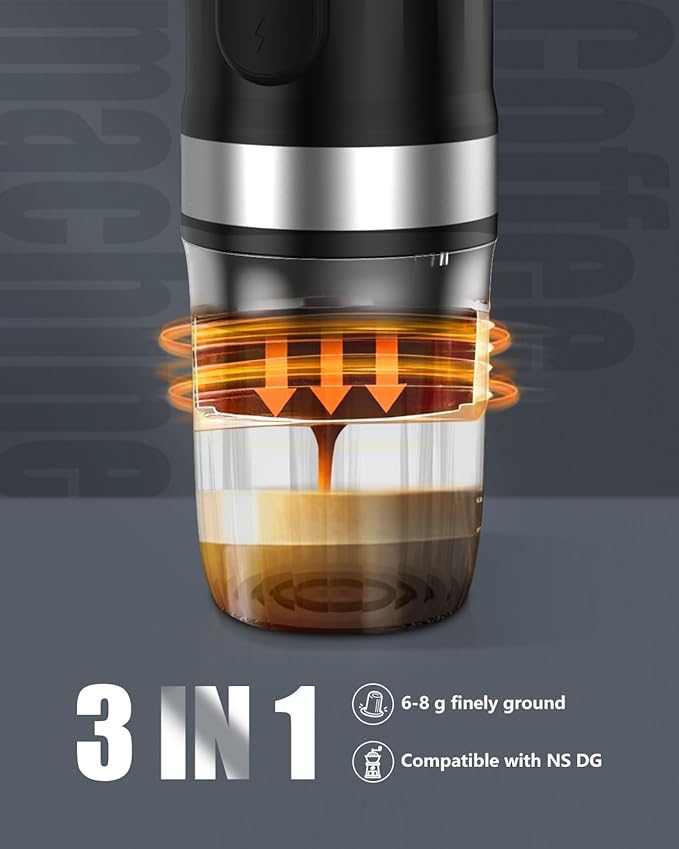 Portable Espresso Machine 3Minute Auto Heat12V Rechargeable Electri Coffee Maker 20 BaCompatible with NS DG Capsules and GroundCoffee for Camping, Travelling RVing HikingandOffice Black