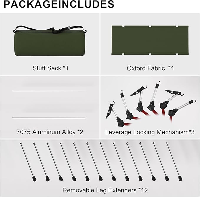 Camping Cot with Leg Extenders,Lightweight Portable Bed for Camping, Hiking, Travel, Beach, Home, Office Nap, Supports 330lbs, Easy Storage, Durable Design, Green
