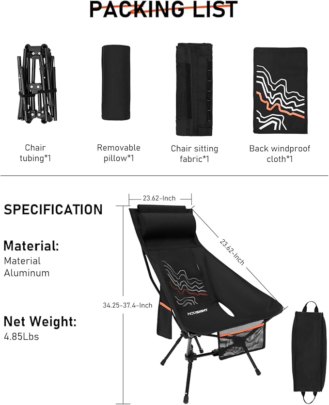 NOVSIGHT Camping Chair - High Back Lightweight Portable Camp Chairs with Headrest Breathable Backrest, Outdoor Folding Camping Chairs for Adults
