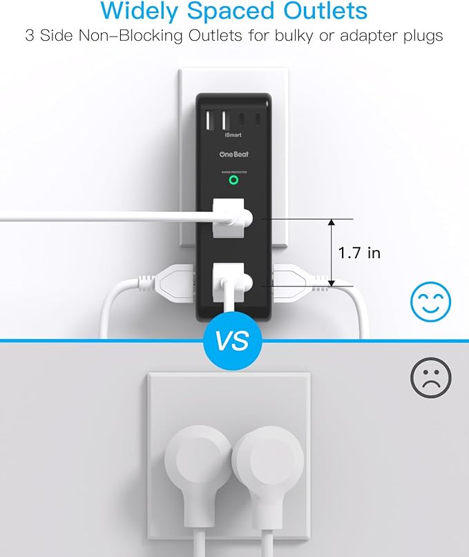 Surge Protector Outlet Extender with Rotating Plug, 6 AC Multi Plug Outlet with 4 USB Ports (2 USB C), 1800 J, 3-Sided Swivel Power Strip with Spaced Outlet Splitter for Dorm Office, Black-2 Pack