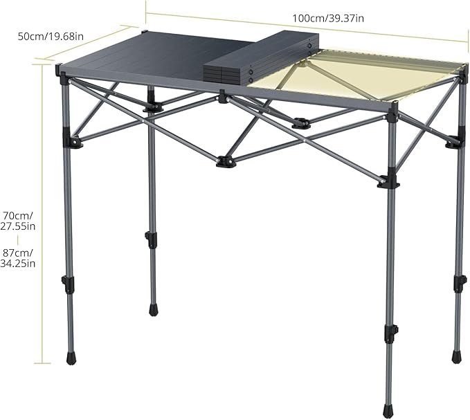 Anbte 34.2” Tall Camping Table Foldable, 2 Adjustable Height Large Roll Up Camping Table Support 264lbs with Storage Basket and Bag, Waterproof, for Travel BBQ Outdoor Patio, 39.4” x 19.7”, Black