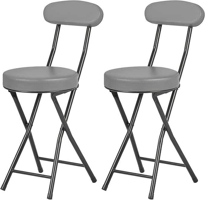 Cushioned Padded Folding Stools, Folding Bar Stool with Backrest, 220lb Capacity, 19 Inch Collapsible Round Portable Foldable Chair for Outdoor Indoor Kitchen Camping Fishing (Grey, 2 Pack)