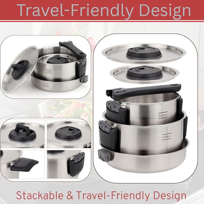 Stainless Steel Camping Kitchen Cookware - Frying Pan with Detachable Handle - Nesting Pots for Backpacking, Camp, and RV Cooking - 6 Piece Including 1.5L Frypan, 1.5L Small Pot & 3.5L Medium Pot