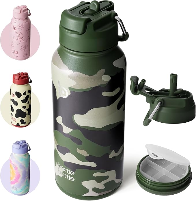BOTTLE BOTTLE 32oz Insulated Water Bottle Stainless Steel Sport Water Bottle with Straw Dual-use Lid Design for Gym with Pill Box