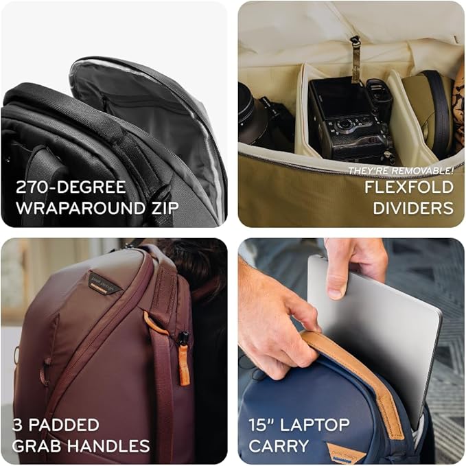 Peak Design Everyday Backpack Zip 20L, Eclipse, 270-Degree Zip, Dual Side Pockets, FlexFold Dividers, Fits 15" Laptop, For Camera Carry, Daily Commutes or Travel, Versatile Backpack for Men and Women