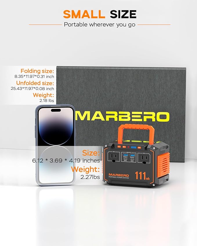 MARBERO 150W Peak Solar Generator with 30W Solar Panel 111Wh Camping Portable Power Station 110V Power Bank with AC Outlet(2*USB A, 2*USB C, 2*AC) for Outdoor Travel Home Blackout Emergency Hurricane