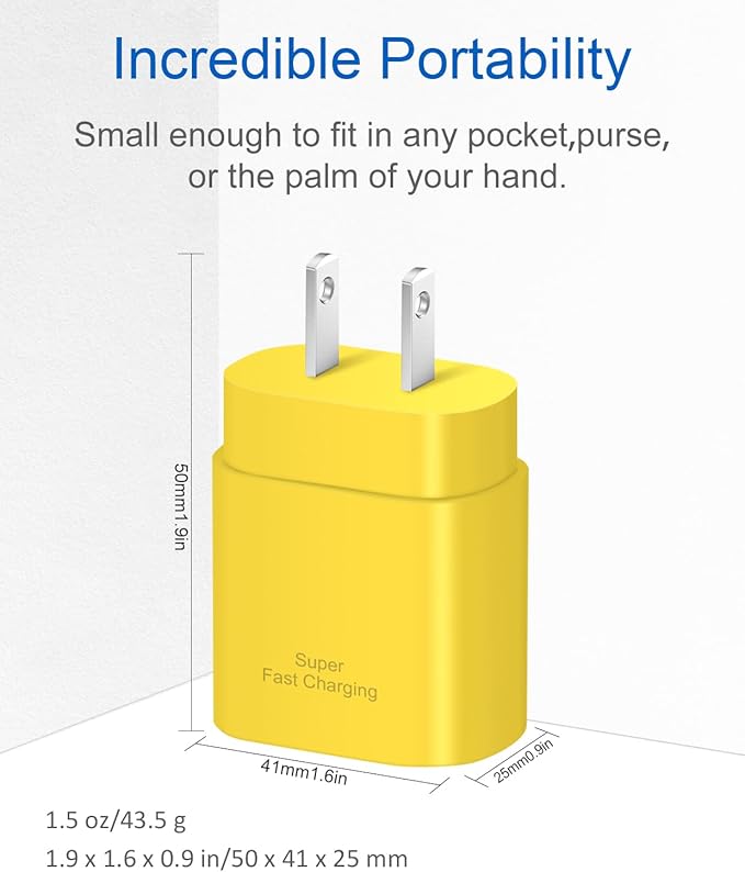 Type C Charger Fast Charging for iPhone 17 16 15,10 FT USB C Samsung Chargers Block 25W Super Fast Chargers for Samsung Galaxy S25/S24 S23/iPhone Air/17/17 Pro Max/iPhone 16/16 Pro Max/15 Pro (Yellow)